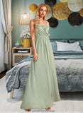 Saniyah A-Line V-neck Floor-Length Bridesmaid Dress With Ruffle STKP0013164