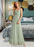 Saniyah A-Line V-neck Floor-Length Bridesmaid Dress With Ruffle STKP0013164