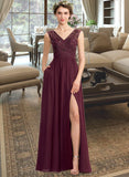 Geraldine A-Line V-neck Floor-Length Chiffon Lace Bridesmaid Dress With Beading Sequins Split Front Pockets STKP0013168