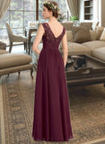 Geraldine A-Line V-neck Floor-Length Chiffon Lace Bridesmaid Dress With Beading Sequins Split Front Pockets STKP0013168