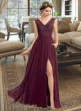 Geraldine A-Line V-neck Floor-Length Chiffon Lace Bridesmaid Dress With Beading Sequins Split Front Pockets STKP0013168