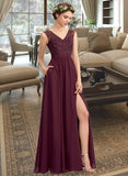 Geraldine A-Line V-neck Floor-Length Chiffon Lace Bridesmaid Dress With Beading Sequins Split Front Pockets STKP0013168