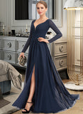 Yadira A-Line V-neck Floor-Length Chiffon Bridesmaid Dress With Split Front STKP0013169