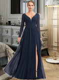 Yadira A-Line V-neck Floor-Length Chiffon Bridesmaid Dress With Split Front STKP0013169