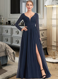 Yadira A-Line V-neck Floor-Length Chiffon Bridesmaid Dress With Split Front STKP0013169