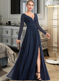 Yadira A-Line V-neck Floor-Length Chiffon Bridesmaid Dress With Split Front STKP0013169