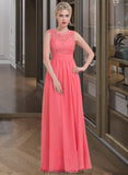 Amiya A-Line Scoop Neck Floor-Length Chiffon Lace Bridesmaid Dress With Ruffle STKP0013171