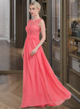 Amiya A-Line Scoop Neck Floor-Length Chiffon Lace Bridesmaid Dress With Ruffle STKP0013171