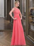 Amiya A-Line Scoop Neck Floor-Length Chiffon Lace Bridesmaid Dress With Ruffle STKP0013171