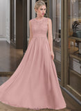 Amiya A-Line Scoop Neck Floor-Length Chiffon Lace Bridesmaid Dress With Ruffle STKP0013171