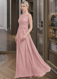 Amiya A-Line Scoop Neck Floor-Length Chiffon Lace Bridesmaid Dress With Ruffle STKP0013171