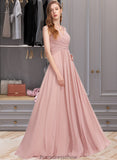 Maleah A-Line V-neck Floor-Length Chiffon Bridesmaid Dress With Ruffle STKP0013174