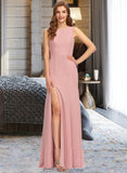 Jeanie Sheath/Column Scoop Neck Floor-Length Chiffon Bridesmaid Dress With Split Front STKP0013179