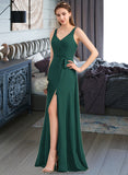 Sandra A-Line V-neck Floor-Length Chiffon Bridesmaid Dress With Ruffle Bow(s) Split Front STKP0013181