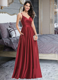 Kassandra A-Line V-neck Floor-Length Satin Bridesmaid Dress With Ruffle Pockets STKP0013187