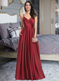 Kassandra A-Line V-neck Floor-Length Satin Bridesmaid Dress With Ruffle Pockets STKP0013187