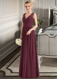 Baylee A-Line V-neck Floor-Length Chiffon Lace Bridesmaid Dress With Ruffle Bow(s) STKP0013191