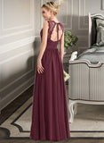 Baylee A-Line V-neck Floor-Length Chiffon Lace Bridesmaid Dress With Ruffle Bow(s) STKP0013191