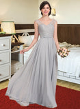 Kim A-Line V-neck Floor-Length Chiffon Lace Bridesmaid Dress With Bow(s) STKP0013203