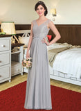 Kim A-Line V-neck Floor-Length Chiffon Lace Bridesmaid Dress With Bow(s) STKP0013203