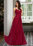 Genevieve A-Line V-neck Floor-Length Bridesmaid Dress With Ruffle STKP0013206