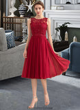 Kaley A-Line Scoop Neck Knee-Length Chiffon Lace Bridesmaid Dress With Beading Sequins STKP0013208