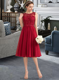 Kaley A-Line Scoop Neck Knee-Length Chiffon Lace Bridesmaid Dress With Beading Sequins STKP0013208