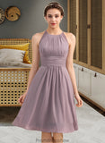 Mikaela A-Line Scoop Neck Knee-Length Chiffon Lace Bridesmaid Dress With Ruffle STKP0013209