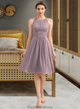 Mikaela A-Line Scoop Neck Knee-Length Chiffon Lace Bridesmaid Dress With Ruffle STKP0013209