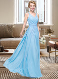 Molly A-Line V-neck Floor-Length Chiffon Bridesmaid Dress With Ruffle Bow(s) STKP0013211