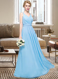 Molly A-Line V-neck Floor-Length Chiffon Bridesmaid Dress With Ruffle Bow(s) STKP0013211