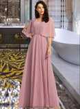 Heaven A-Line V-neck Floor-Length Bridesmaid Dress With Ruffle STKP0013214