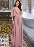 Heaven A-Line V-neck Floor-Length Bridesmaid Dress With Ruffle STKP0013214