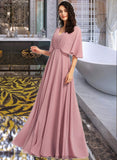 Heaven A-Line V-neck Floor-Length Bridesmaid Dress With Ruffle STKP0013214