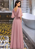 Heaven A-Line V-neck Floor-Length Bridesmaid Dress With Ruffle STKP0013214