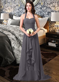 Bryanna A-Line Halter Sweep Train Chiffon Bridesmaid Dress With Bow(s) Cascading Ruffles STKP0013217