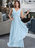 Beryl Chiffon V-neck Floor-length A-Line Bridesmaid Dress With Crystal Brooch And Cascading Ruffles STKP0013219