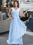 Beryl Chiffon V-neck Floor-length A-Line Bridesmaid Dress With Crystal Brooch And Cascading Ruffles STKP0013219