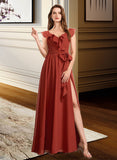 Thalia A-Line V-neck Floor-Length Bridesmaid Dress With Ruffle STKP0013221