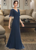 Dylan A-Line V-neck Floor-Length Bridesmaid Dress With Ruffle STKP0013223