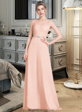 Gwendoline A-Line Scoop Neck Floor-Length Chiffon Lace Bridesmaid Dress With Beading Bow(s) STKP0013229