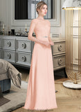 Gwendoline A-Line Scoop Neck Floor-Length Chiffon Lace Bridesmaid Dress With Beading Bow(s) STKP0013229