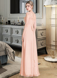 Gwendoline A-Line Scoop Neck Floor-Length Chiffon Lace Bridesmaid Dress With Beading Bow(s) STKP0013229