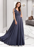 Angel A-Line V-neck Floor-Length Bridesmaid Dress With Ruffle STKP0013230