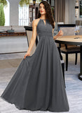 Mabel A-Line Halter Floor-Length Chiffon Bridesmaid Dress With Ruffle Beading Sequins STKP0013232