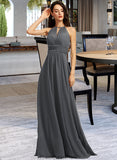 Mabel A-Line Halter Floor-Length Chiffon Bridesmaid Dress With Ruffle Beading Sequins STKP0013232