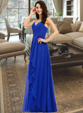 Maya A-Line V-neck Floor-Length Bridesmaid Dress With Ruffle STKP0013233