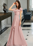 Sydnee A-Line V-neck Floor-Length Bridesmaid Dress With Ruffle Split Front STKP0013234