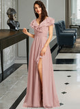 Sydnee A-Line V-neck Floor-Length Bridesmaid Dress With Ruffle Split Front STKP0013234