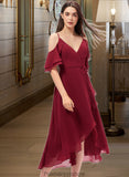 Janice A-Line V-neck Asymmetrical Chiffon Bridesmaid Dress With Cascading Ruffles STKP0013236